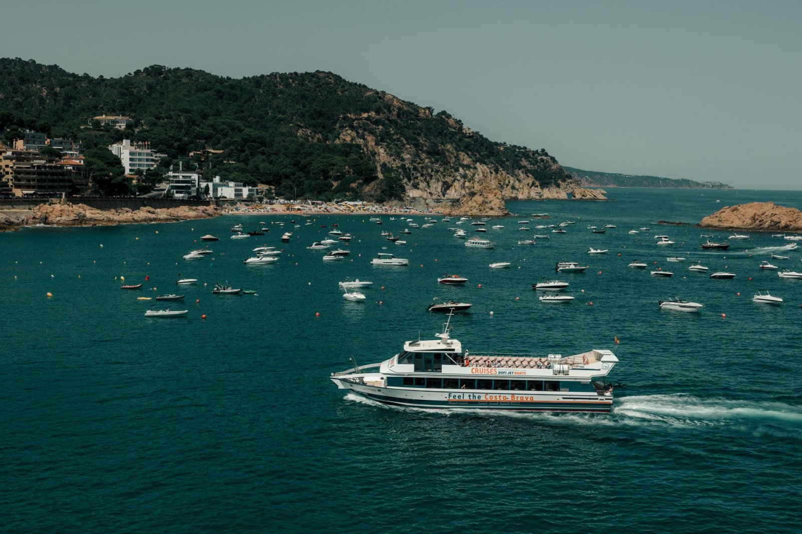 Barco en costa rocosa con vida marina vibrante